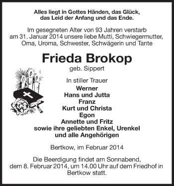 Traueranzeige von Frieda Brokop von Uelzen