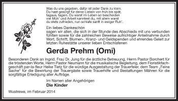 Traueranzeige von Gerda Prehm von Allgemeine Zeitung Uelzen