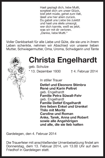Traueranzeige von Christa Engelhardt von Uelzen