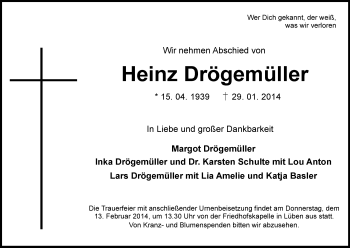 Traueranzeige von Heinz Drögemüller von Uelzen