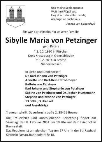 Traueranzeige von Sibylle Maria von Petzinger von Uelzen