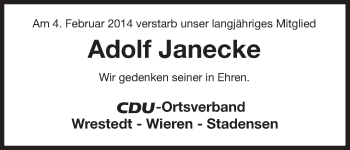 Traueranzeige von Adolf Janecke von Uelzen