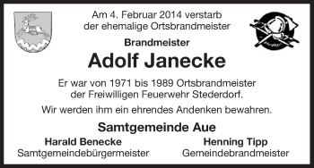 Traueranzeige von Adolf Janecke von Uelzen