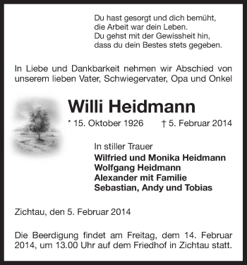 Traueranzeige von Willi Heidmann von Uelzen