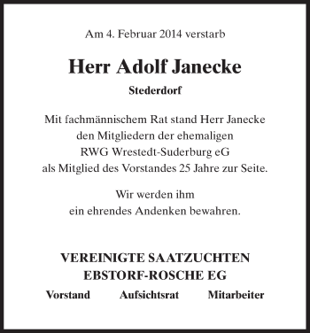 Traueranzeige von Adolf Janecke von Uelzen