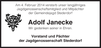 Traueranzeige von Adolf Janecke von Allgemeine Zeitung Uelzen