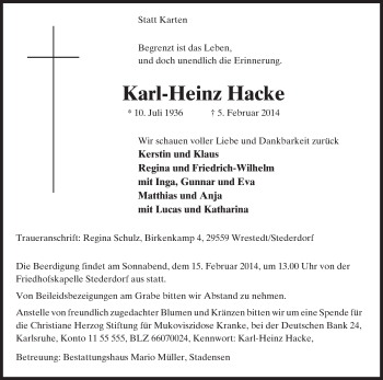 Traueranzeige von Karl-Heinz Hacke von Allgemeine Zeitung Uelzen