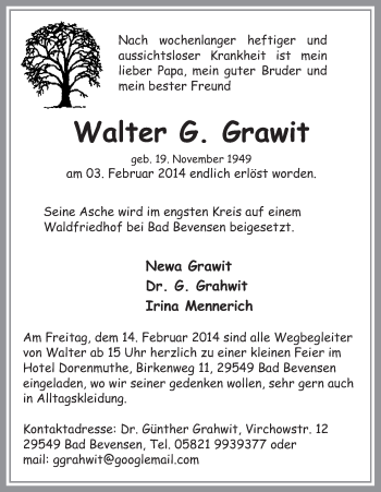Traueranzeige von Walter Grawit von Allgemeine Zeitung Uelzen
