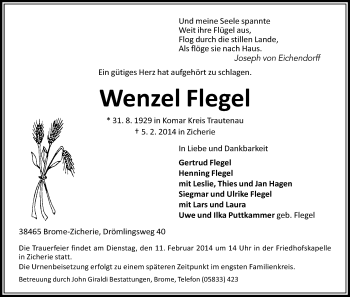 Traueranzeige von Wenzel Flegel von Allgemeine Zeitung Uelzen