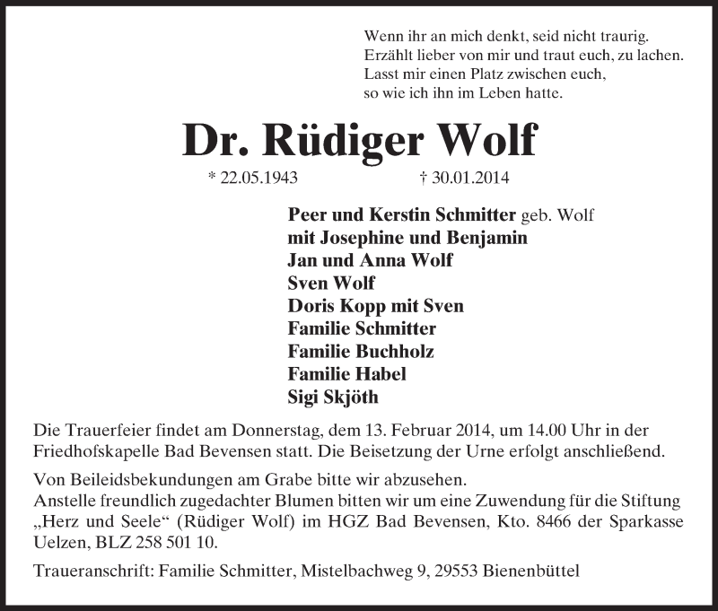  Traueranzeige für Rüdiger Wolf vom 08.02.2014 aus Allgemeine Zeitung Uelzen
