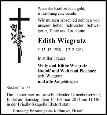 Traueranzeige von Edith Wiegratz von Uelzen