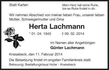 Traueranzeige von Herta Lachmann von Uelzen