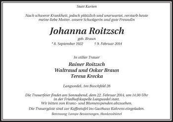 Traueranzeige von Johanna Roitzsch von Uelzen