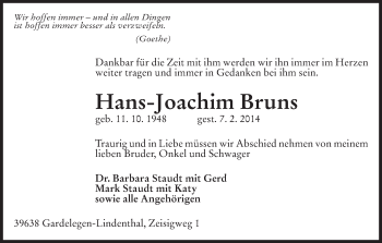 Traueranzeige von Hans-Joachim Bruns von Uelzen