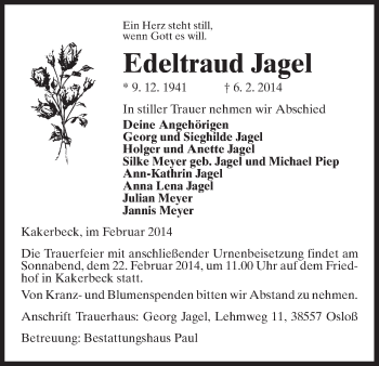 Traueranzeige von Edeltraud Jagel von Uelzen