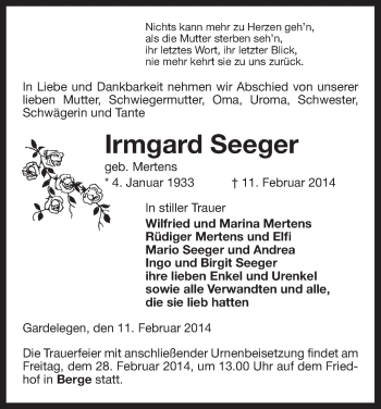 Traueranzeige von Irmgard Seeger von Uelzen