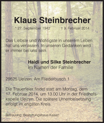 Traueranzeige von Klaus Steinbrecher von Uelzen