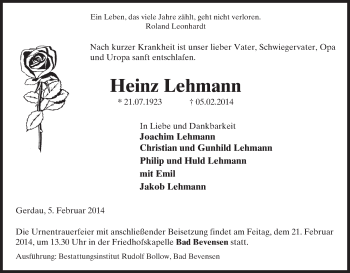 Traueranzeige von Heinz Lehmann von Uelzen