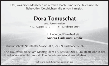 Traueranzeige von Dora Tomuschat von Uelzen