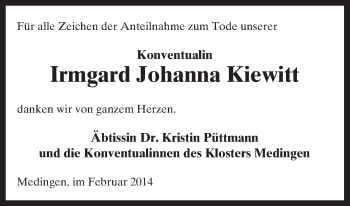 Traueranzeige von Irmgard Johanna Kiewitt von Uelzen