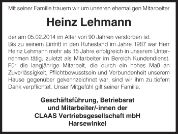 Traueranzeige von Heinz Lehmann von Uelzen