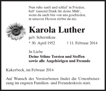 Traueranzeige von Karola Luther von Uelzen