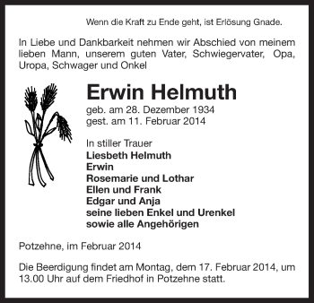 Traueranzeige von Erwin Helmuth von Uelzen