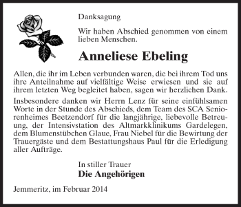 Traueranzeige von Anneliese Ebeling von Uelzen