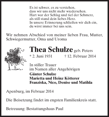 Traueranzeige von Thea Schulze von Uelzen