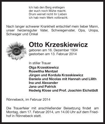 Traueranzeige von Otto Krzeskiewicz von Uelzen