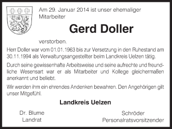 Traueranzeige von Gerd Doller von Uelzen