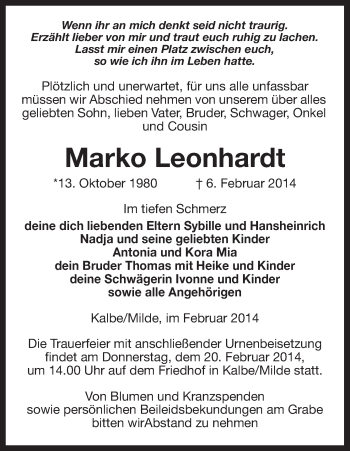 Traueranzeige von Marko Leonhardt von Uelzen