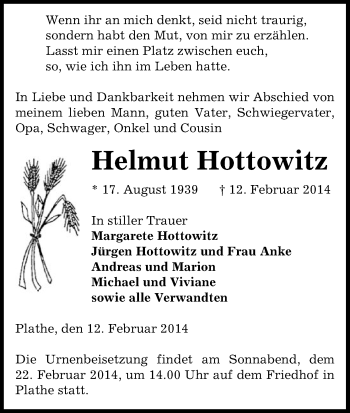 Traueranzeige von Helmut Hottowitz von Uelzen