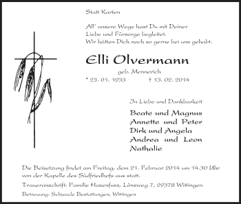 Traueranzeige von Elli Olvermann von Uelzen