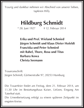 Traueranzeige von Hildburg Schmidt von Uelzen