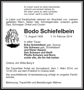 Traueranzeige von Bodo Schiefelbein von Uelzen