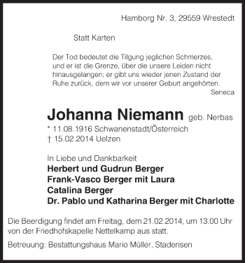 Traueranzeige von Johanna Niemann von Uelzen