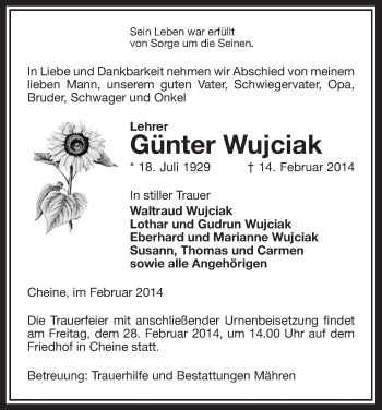 Traueranzeige von Günter Wujciak von Uelzen