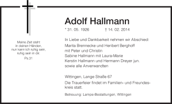 Traueranzeige von Adolf Hallmann von Uelzen