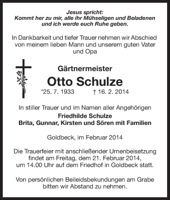 Traueranzeige von Otto Schulze von Uelzen