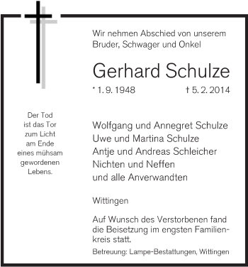 Traueranzeige von Gerhard Schulze von Uelzen