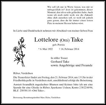 Traueranzeige von Lottelore Take von Uelzen