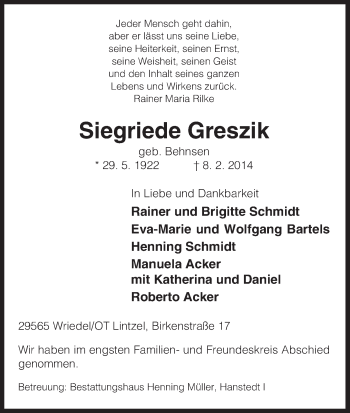 Traueranzeige von Siegriede Greszik von Uelzen