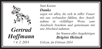 Traueranzeige von Gertrud Hoffmann von Uelzen