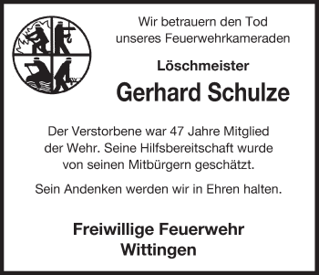 Traueranzeige von Gerhard Schulze von Uelzen