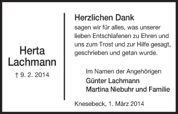 Traueranzeige von Herta Lachmann von Uelzen