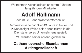 Traueranzeige von Adolf Hallmann von Uelzen