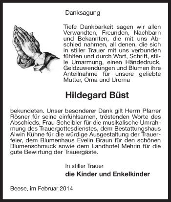 Traueranzeige von Hildegard Büst von Uelzen