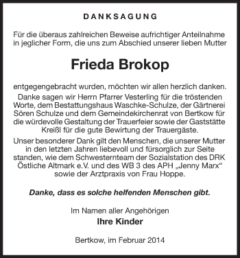 Traueranzeige von Frieda Brokop von Uelzen