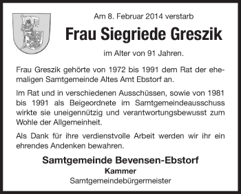 Traueranzeige von Siegriede Greszik von Uelzen